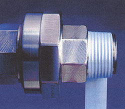 Pipe threads wrapped with Mill-Rose Blue Monster Nickel Guard Anti-Seize Thread Sealing Tape